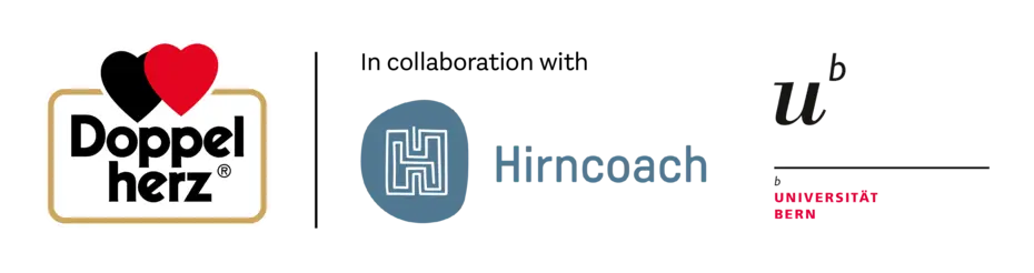 This image features three logos: the first is the "Doppelherz" logo, which has a heart motif; the second is the "Hirncoach" logo, a stylized letter 'H'; and the third is the logo of the University of Bern, displayed with its name beneath.