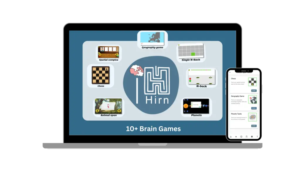 An illustration of a laptop and smartphone displaying various brain games, including chess and geography puzzles, along with the logo "Hirn." The message highlights the availability of over 10 brain games for engaging mental challenges.