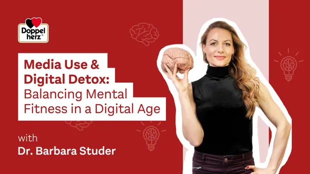 An image featuring Dr. Barbara Studer, holding a model of a brain, promotes a discussion on "Media Use & Digital Detox." The focus is on maintaining mental fitness in a digital age. The background includes light bulb icons, suggesting ideas and insights.