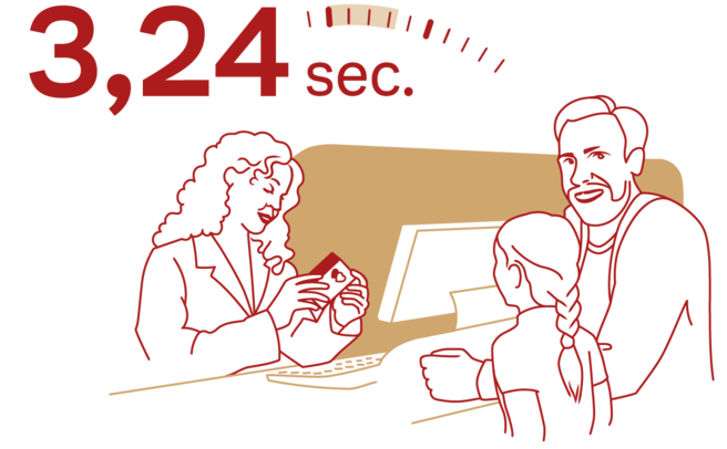 A stylized illustration of a woman at a counter interacting with a man and a child. Above them, a timer displays "3,24 sec." indicating a quick service experience. The artwork emphasizes efficiency in customer service.