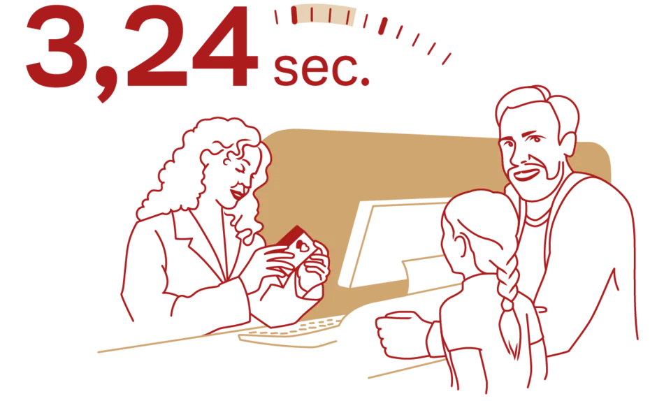 A stylized illustration of a woman at a counter interacting with a man and a child. Above them, a timer displays "3,24 sec." indicating a quick service experience. The artwork emphasizes efficiency in customer service.