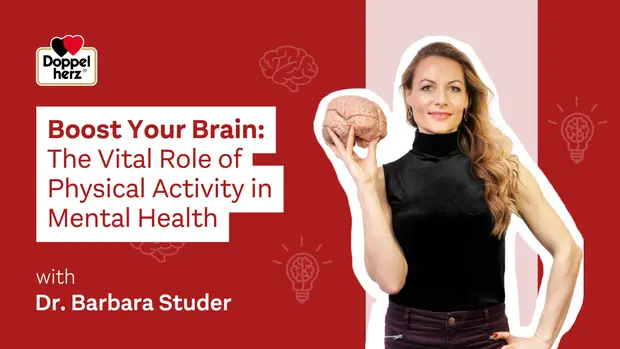 A woman holds a brain model while standing against a red background. Text on the image reads, "Boost Your Brain: The Vital Role of Physical Activity in Mental Health with Dr. Barbara Studer." Lightbulb icons are scattered in the background, symbolizing ideas or insights.